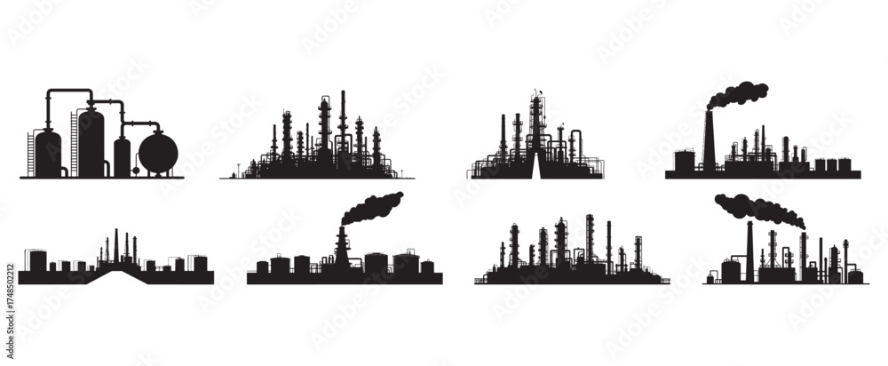 Fototapeta premium Industrial Oil Refinery Silhouette Vector Set – Factory, Petrochemical and Plant Icons.