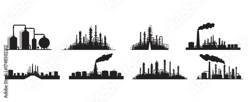 Industrial Oil Refinery Silhouette Vector Set – Factory, Petrochemical and Plant Icons.