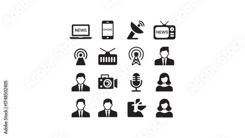 Set of news and media icons simple black glyph vector design isolated on white background for web and mobile apps