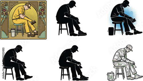 Shoemaker illustration in six styles, silhouette, vintage, geometric, halftone, low poly, shoe repair scene, artisan work, vector art, design