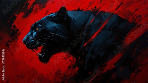 Fierce black panther roaring with intense red background and abstract brushstrokes
