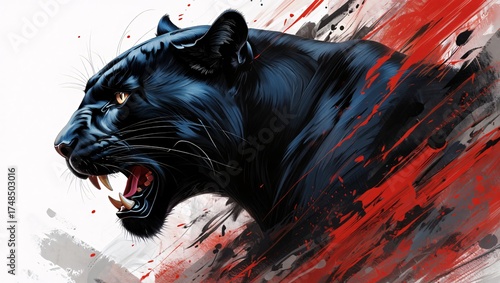 Fierce black panther roaring with intense yellow eyes against a dramatic red and white abstract background