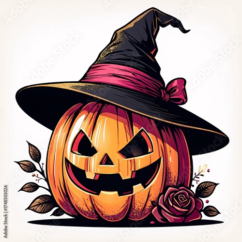 Spooky halloween jack o lantern wearing a witch hat with a rose and autumn leaves