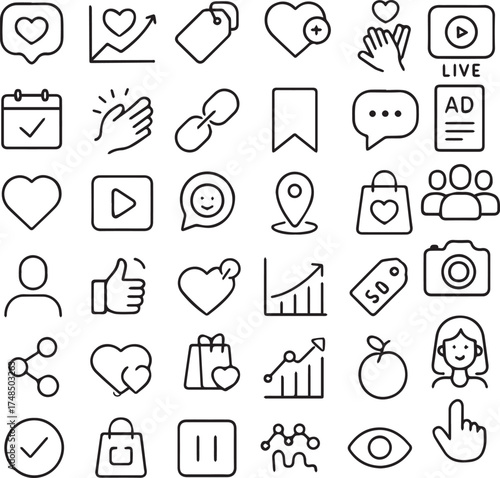 Collection of line icons for web and mobile interface social media marketing and communication symbols