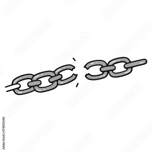 A monochrome drawing of a broken chain with a gap between the two separated sections of the chain links