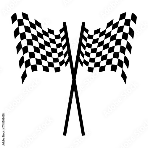 Two crossed checkered flags waving against a white backdrop indicating the end of a race or competition