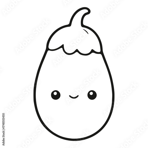 An illustration of a cute eggplant with big eyes and a smile in a simple black and white line drawing