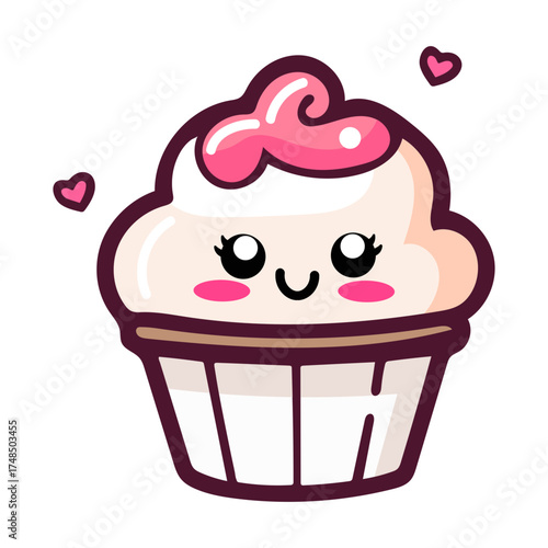 Illustration of a cute cupcake with pink frosting and heart decorations on a white background