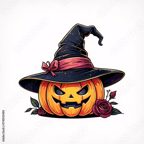 Spooky jack o lantern pumpkin wearing a witch hat with dark roses for halloween