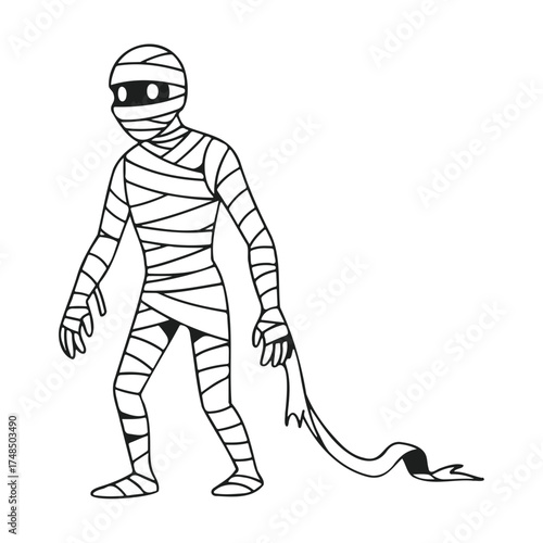 Illustration of a standing mummy wrapped in bandages with a trailing bandage on a white background