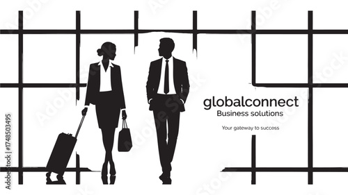 Silhouette of business travelers man and woman with luggage vector illustration for corporate travel and business solutions