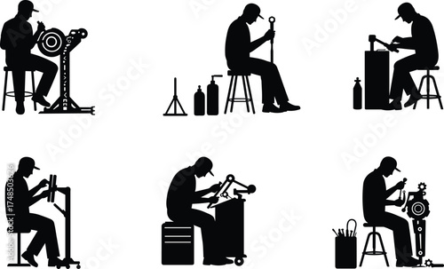Silhouette workers, mechanical tasks, lathe, welding, drilling, hammering, gear adjustment, seated posture, black figure, toolbox, technical job, skilled trades