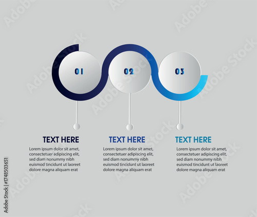 Minimal blue circular infographic with three connected steps and editable text fields for business presentation, workflow, or data visualization.