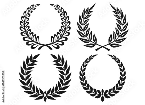 A diverse collection of four distinct black laurel wreath graphic designs. These elegant circular branch symbols are ideal for victory emblems, honor awards, and decorative heraldic elements