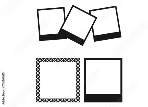 Set of four black and white graphic design elements featuring two decorative label tags and two photo style frames with chevron and wavy stripe patterns, isolated on a white background