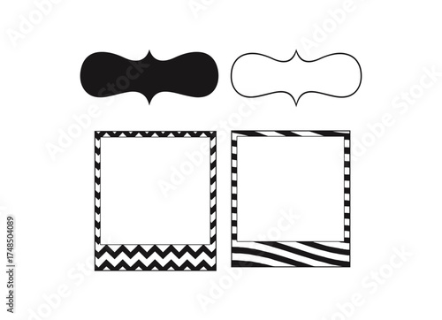 A curated collection of isolated black and white graphic design elements, featuring ornate vintage labels and retro instant photo frames