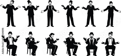 Vintage silhouette man, top hat, expressive poses, seated and standing, theatrical gestures, character design, performance art, black and white illustration