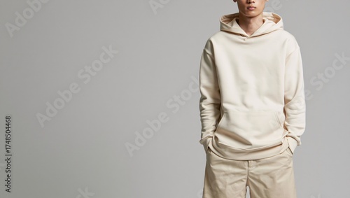 Young man wearing a stylish oversized cream colored hoodie and matching pants