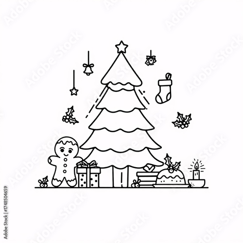 Charming hand drawn outline of a christmas tree with gifts and a gingerbread man