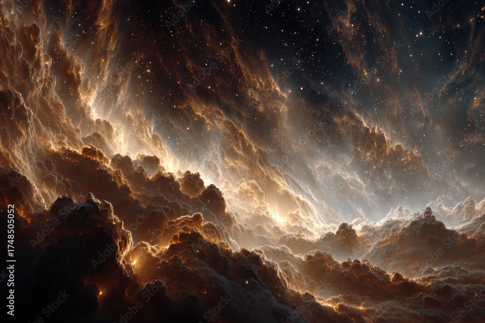 Naklejka premium Swirling celestial vortex of stardust and cosmic clouds illuminates the vastness of space, a luminous nebula painting the darkness with ethereal light