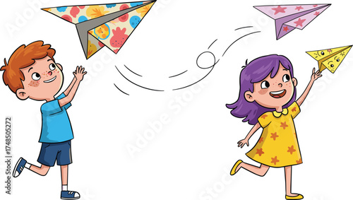  Happy children playing with paper airplanes, fun outdoor activity, cute kids enjoying summer playtime, childhood creativity, joyful vector illustration for education and learning