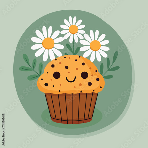 Cute Cartoon Muffin With Daisies In A Cupcake Liner