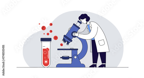 Scientist Examining Blood Sample with Microscope Scientific Research and Medical Analysis Concept
