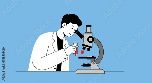 Illustration of a dedicated researcher analyzing samples with a microscope in a laboratory setting, embodying the concept of scientific inquiry and discovery