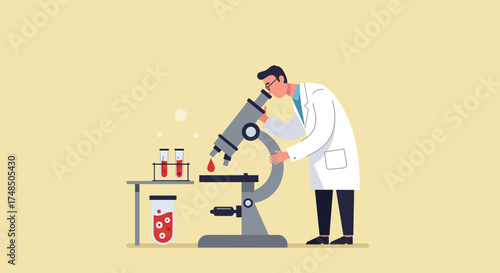 Professional Scientist Conducts Medical Research and Analysis in Laboratory Using Microscope and Blood Samples, Illustrating Scientific Discovery and Healthcare Advancement