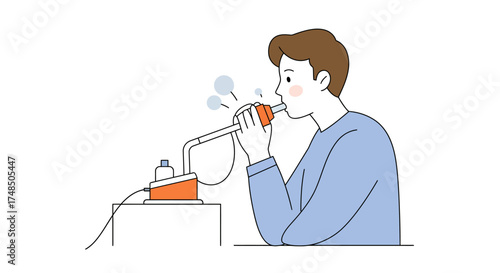 Young man undergoing essential respiratory treatment with an inhalation device, managing breathing difficulties, allergies, or lung conditions for improved health and wellness
