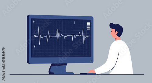 Analyzing Vital Signs Man Monitoring Heart Rate on Computer Screen