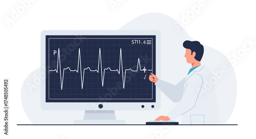 Healthcare concept with a doctor studying a cardiac pulse on a monitor for health assessment and diagnosis