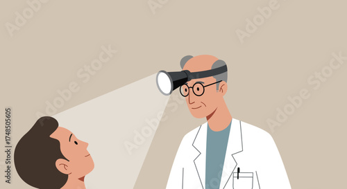 Professional ENT Doctor Examining Patient's Throat with Headlamp for Medical Check-up, Healthcare Consultation and Diagnosis in a Clinical Setting