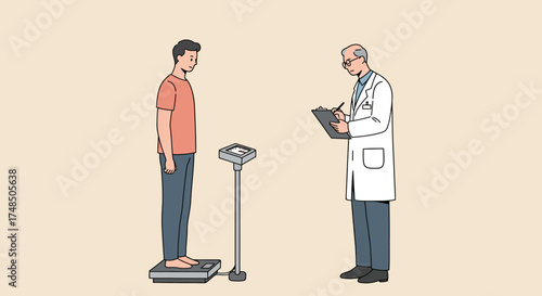 Doctor checking patient's weight, recording details on clipboard, healthcare and weight management vector illustration