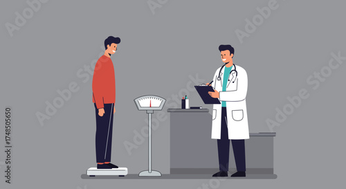 Man checking weight on a scale during a medical consultation with a doctor. Health check-up and body mass index assessment for patient wellness and progress tracking