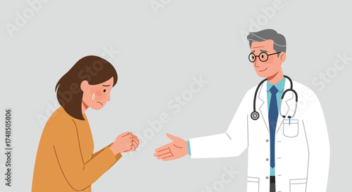 A compassionate male doctor extends a comforting hand to a crying female patient, illustrating emotional support and medical consultation in a healthcare setting