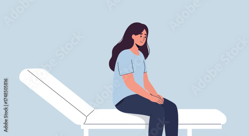 A young woman sits on a medical examination table, looking down with a thoughtful or concerned expression, symbolizing health and wellness