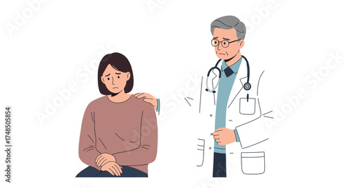 A compassionate doctor provides empathetic emotional support and professional reassurance to a distressed female patient during a medical consultation, illustrating patient care