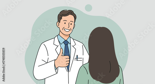 Smiling physician in a white coat reassures a woman with a thumbs-up gesture, symbolizing good health news and successful medical treatment