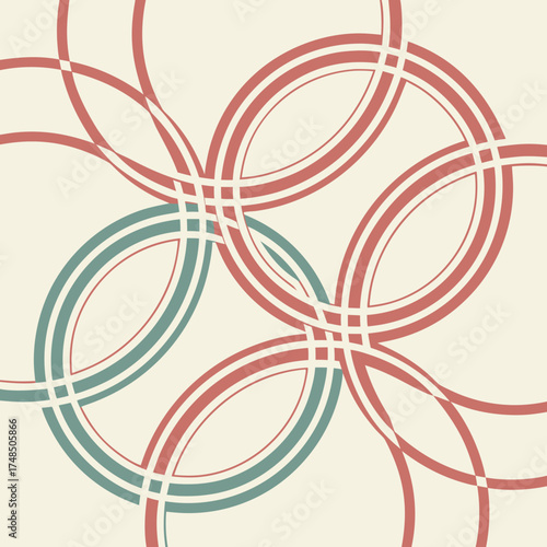 Vector art of a seamless pattern of interlocking circles in red and blue hues, creating a retro and geometric design