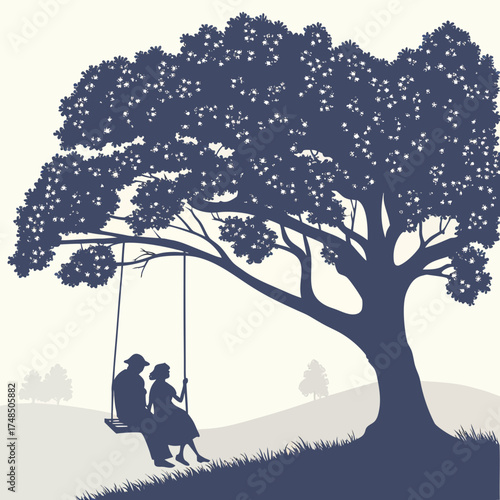 Vector art of a serene silhouette of a couple enjoying a swing under a lush tree, evoking feelings of love, tranquility, and the simple joys of life
