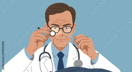 A doctor examining a patient with a magnifying glass and medical instruments