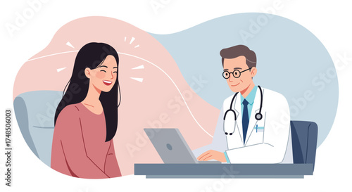 Happy patient consults with a compassionate doctor, fostering a positive healthcare experience focused on well-being and professional medical advice in a modern clinic