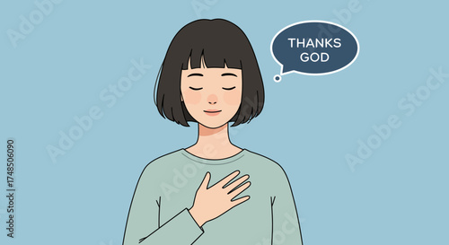 A serene young woman with her hand on her heart, expressing deep gratitude and relief in a moment of faith. Flat style illustration concept of thankfulness