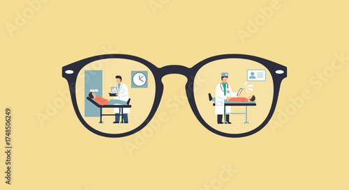 Medical Examination and Treatment Through Eyeglasses, Illustrating Healthcare and Professional Care