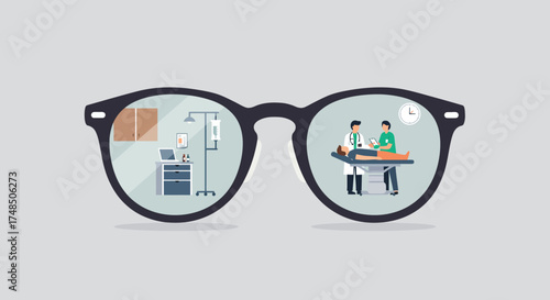 Medical vision concept showing a doctor examining a patient and a hospital room reflected in the lenses of eyeglasses