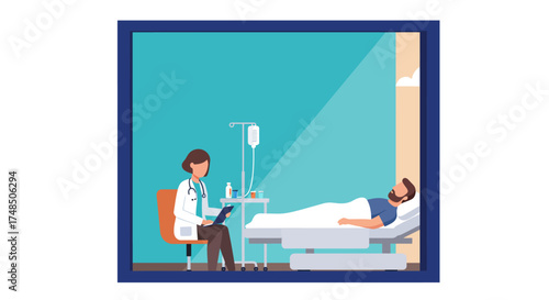 Illustration of a female physician attentively caring for a male patient undergoing treatment in a hospital room, symbolizing medical assistance and recovery process