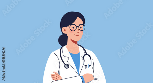 Confident Female Doctor Illustration with Stethoscope and Glasses, Representing Expert Medical Care and Professional Healthcare Services