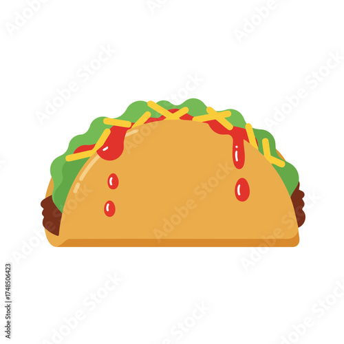Vibrant Flat Design Taco Vector Illustration with Dripping Red Sauce and Fresh Fillings