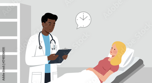 Illustration of a doctor having a consultation with a female patient resting in a hospital bed, discussing medical results